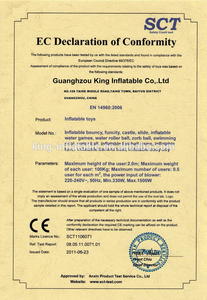 China King Inflatable Co.,Limited Zertifizierungen